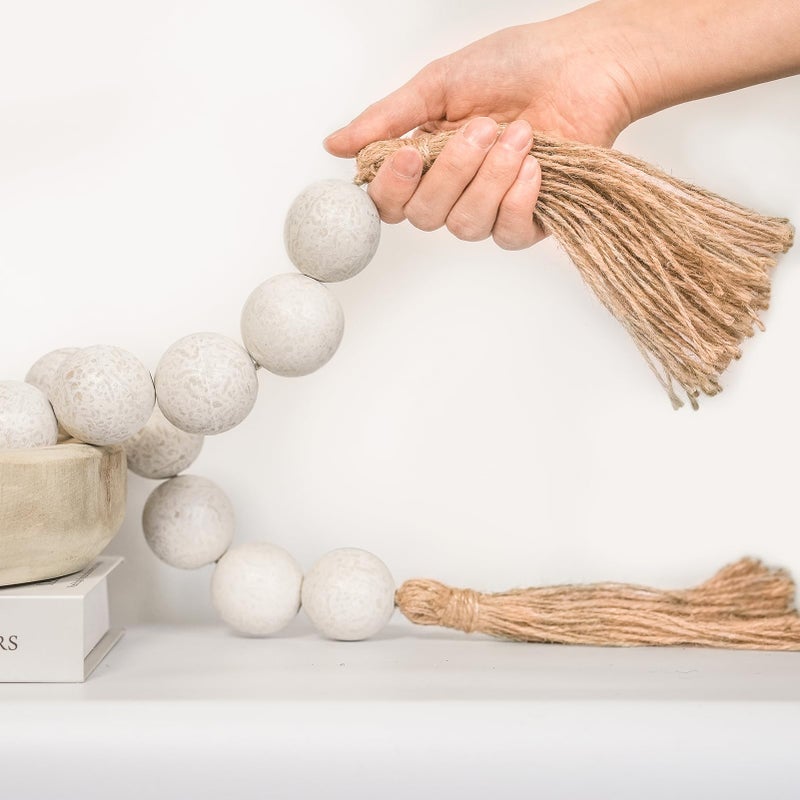 RUIRUICO Extra Large Wood Bead Garland with 1.6"" Diameter Wood Beads,Decorative Beads Home Decor, Farmhouse Beads Decor (Rustic White, 50 Inches) - Image 1